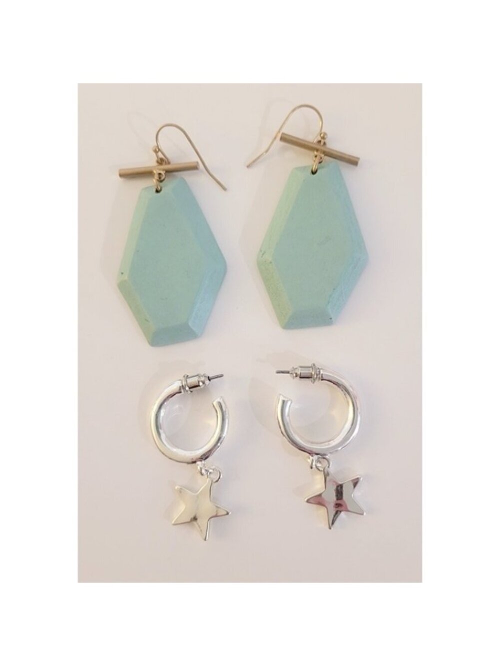 Blue Wood Earrings and Silver Heart Earring Set Beachy Fun Dressy